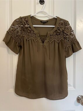 Express Women's Olive Lace-Yoke Tie-Front Top